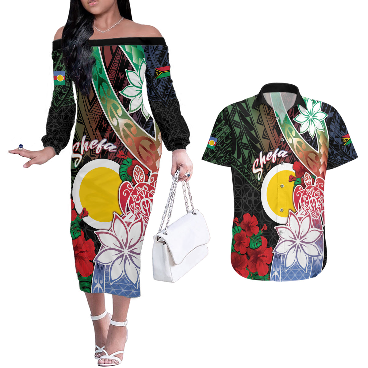 Personalised Vanuatu Shefa Day Couples Matching Off The Shoulder Long Sleeve Dress and Hawaiian Shirt Floral Pattern LT05 Black - Polynesian Pride