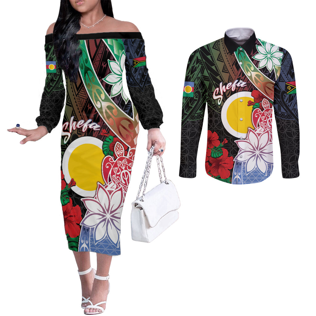 Personalised Vanuatu Shefa Day Couples Matching Off The Shoulder Long Sleeve Dress and Long Sleeve Button Shirt Floral Pattern LT05 Black - Polynesian Pride