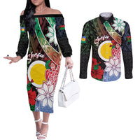 Personalised Vanuatu Shefa Day Couples Matching Off The Shoulder Long Sleeve Dress and Long Sleeve Button Shirt Floral Pattern LT05 Black - Polynesian Pride