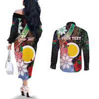 Personalised Vanuatu Shefa Day Couples Matching Off The Shoulder Long Sleeve Dress and Long Sleeve Button Shirt Floral Pattern LT05 - Polynesian Pride