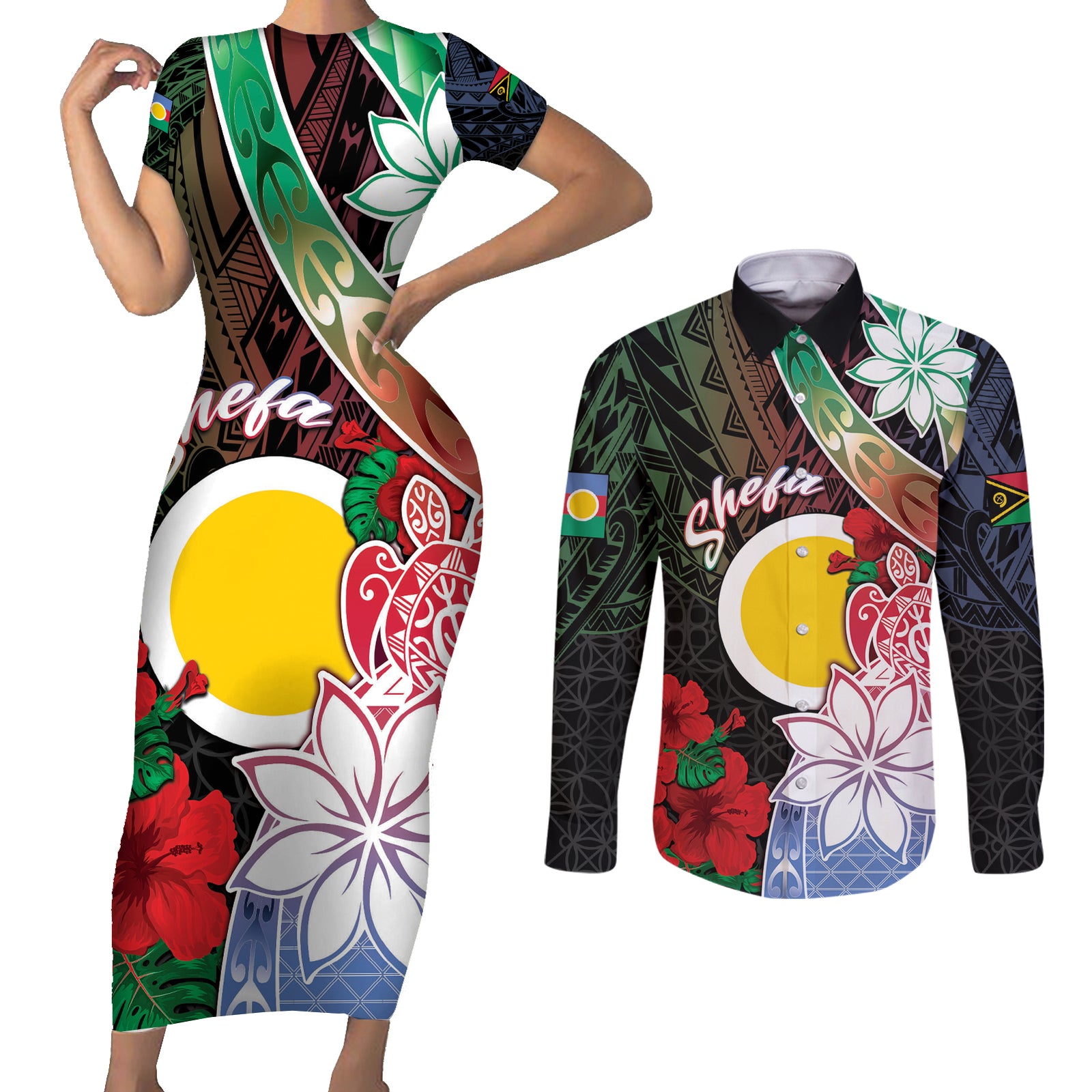 Personalised Vanuatu Shefa Day Couples Matching Short Sleeve Bodycon Dress and Long Sleeve Button Shirt Floral Pattern LT05 Black - Polynesian Pride