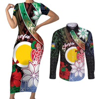 Personalised Vanuatu Shefa Day Couples Matching Short Sleeve Bodycon Dress and Long Sleeve Button Shirt Floral Pattern LT05 Black - Polynesian Pride