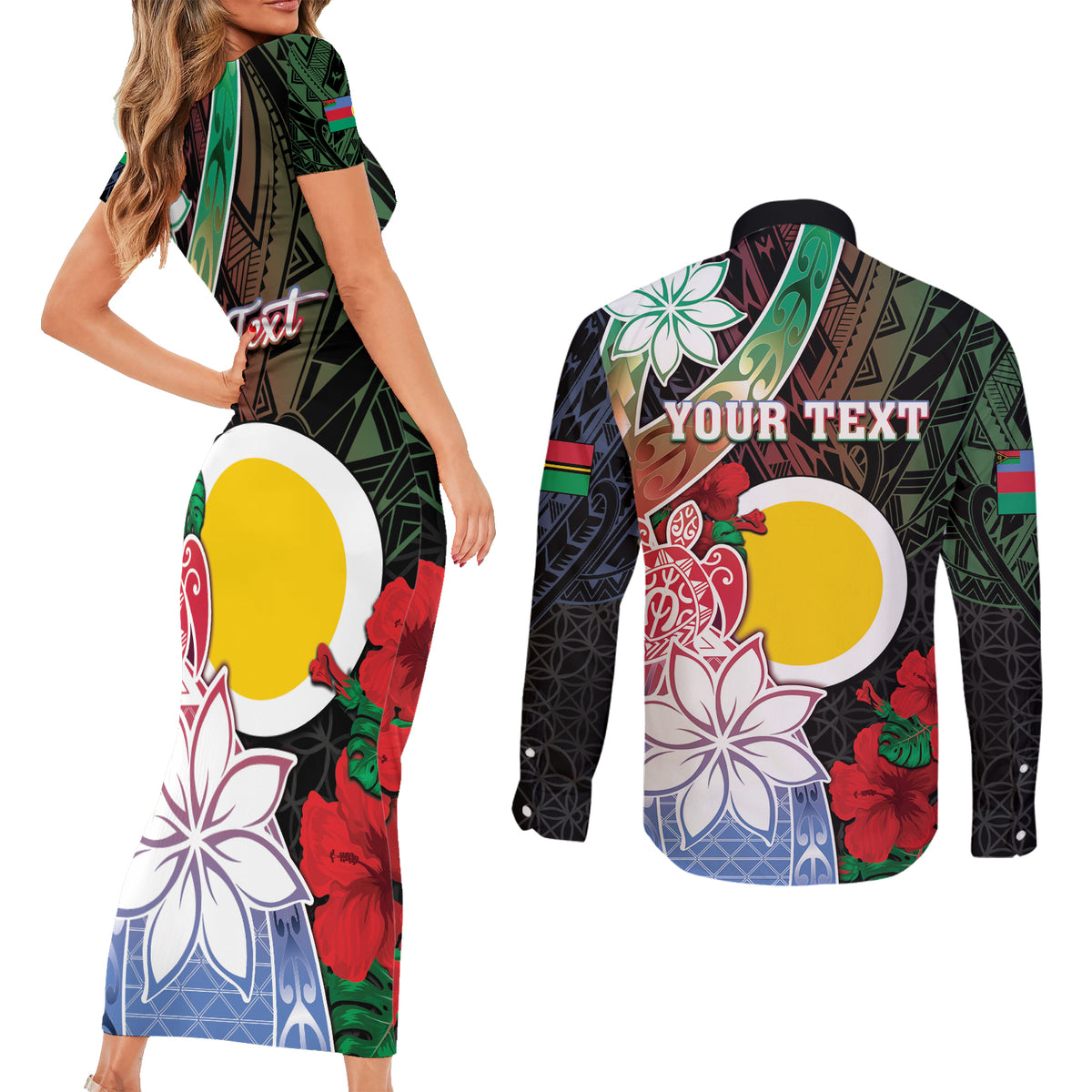 Personalised Vanuatu Shefa Day Couples Matching Short Sleeve Bodycon Dress and Long Sleeve Button Shirt Floral Pattern LT05 - Polynesian Pride