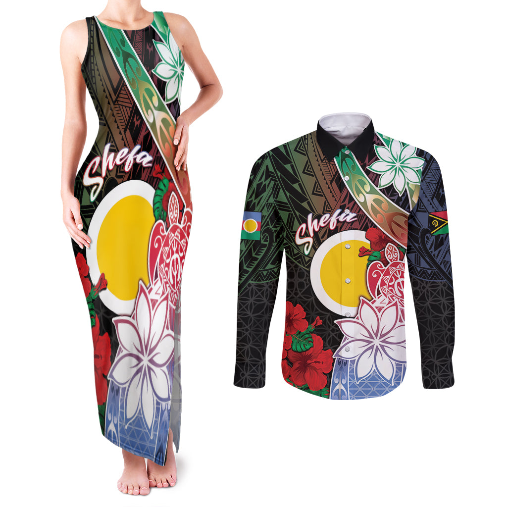 Personalised Vanuatu Shefa Day Couples Matching Tank Maxi Dress and Long Sleeve Button Shirt Floral Pattern LT05 Black - Polynesian Pride