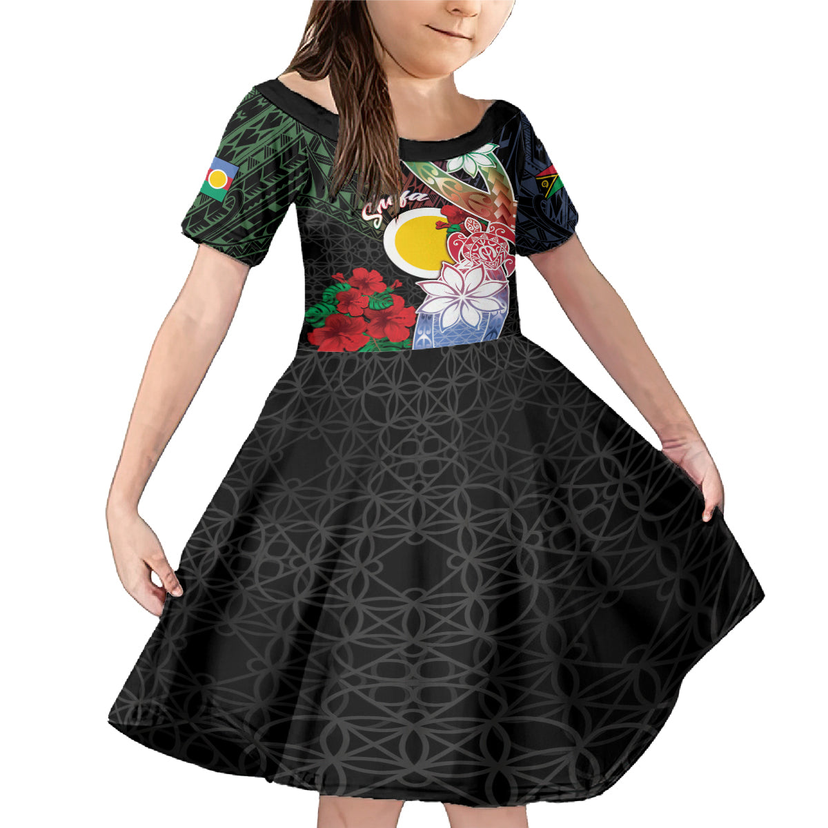 Personalised Vanuatu Shefa Day Family Matching Mermaid Dress and Hawaiian Shirt Floral Pattern LT05 Daughter's Dress Black - Polynesian Pride