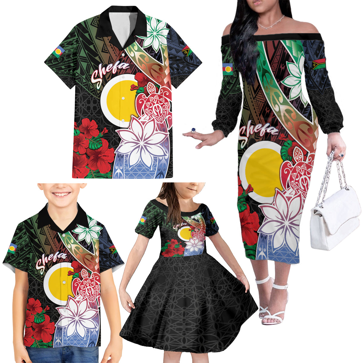 Personalised Vanuatu Shefa Day Family Matching Off The Shoulder Long Sleeve Dress and Hawaiian Shirt Floral Pattern