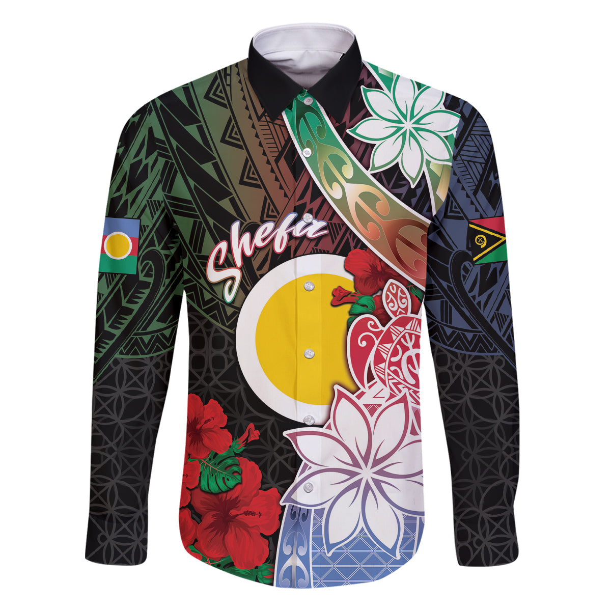 Personalised Vanuatu Shefa Day Family Matching Off Shoulder Maxi Dress and Hawaiian Shirt Floral Pattern LT05 Dad's Shirt - Long Sleeve Black - Polynesian Pride