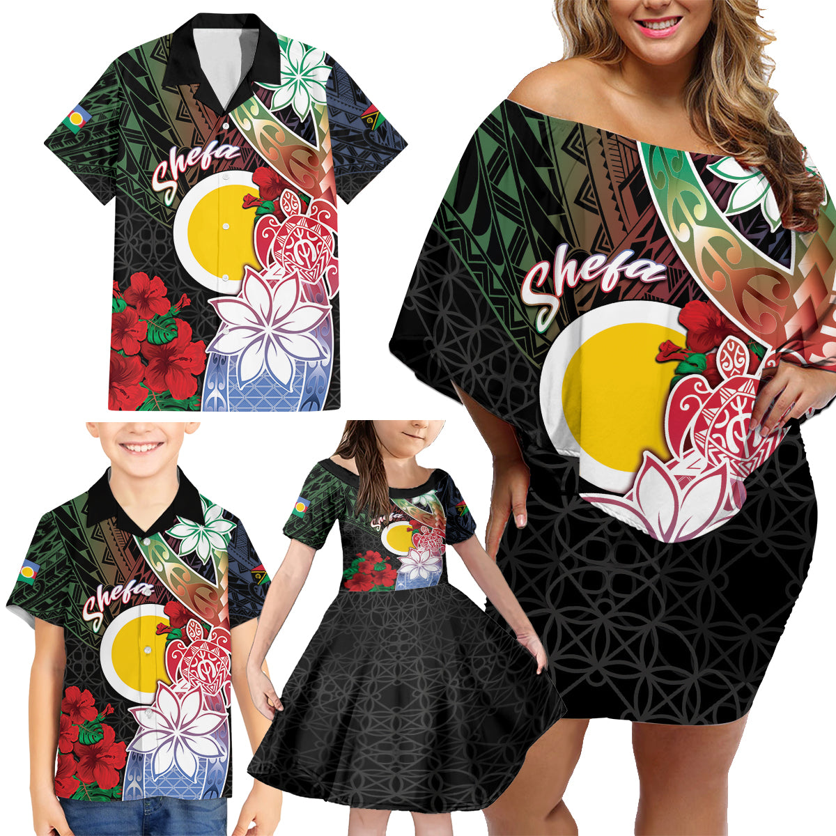 Personalised Vanuatu Shefa Day Family Matching Off Shoulder Short Dress and Hawaiian Shirt Floral Pattern