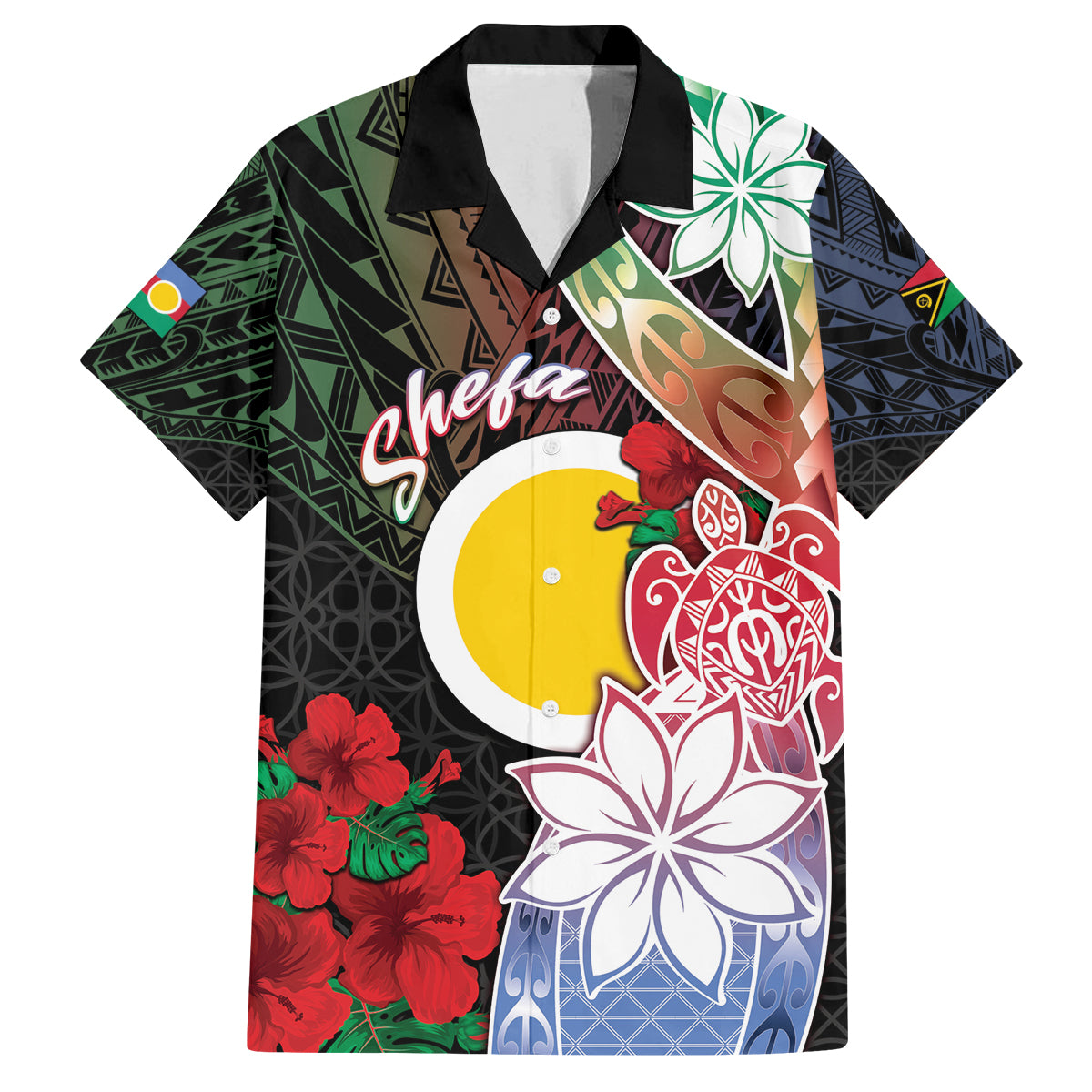 Personalised Vanuatu Shefa Day Family Matching Puletasi and Hawaiian Shirt Floral Pattern LT05 Dad's Shirt - Short Sleeve Black - Polynesian Pride