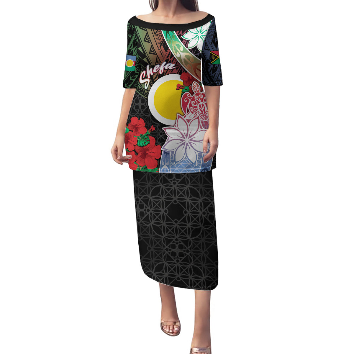 Personalised Vanuatu Shefa Day Family Matching Puletasi and Hawaiian Shirt Floral Pattern LT05 Mom's Dress Black - Polynesian Pride