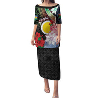 Personalised Vanuatu Shefa Day Family Matching Puletasi and Hawaiian Shirt Floral Pattern LT05 Mom's Dress Black - Polynesian Pride