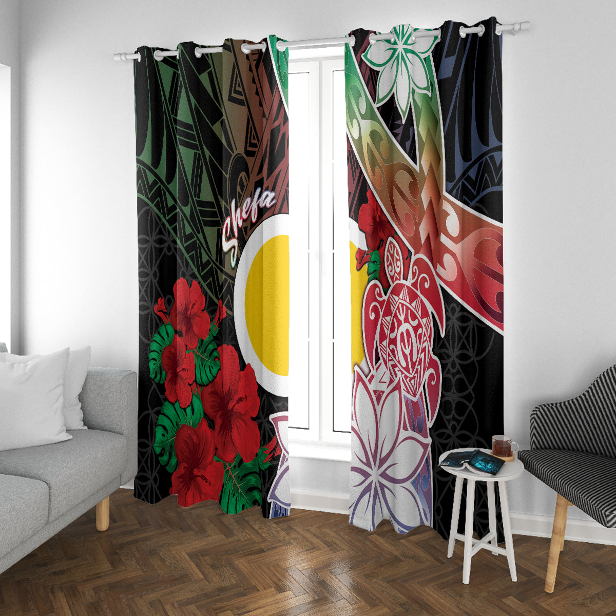 Vanuatu Shefa Day Window Curtain Floral Pattern LT05 With Grommets Black - Polynesian Pride