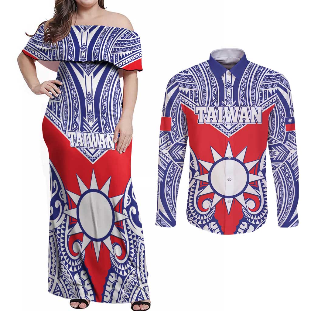Personalised Taiwan Couples Matching Off Shoulder Maxi Dress and Long Sleeve Button Shirt Austronesian Tribal Tattoo Red - Polynesian Pride