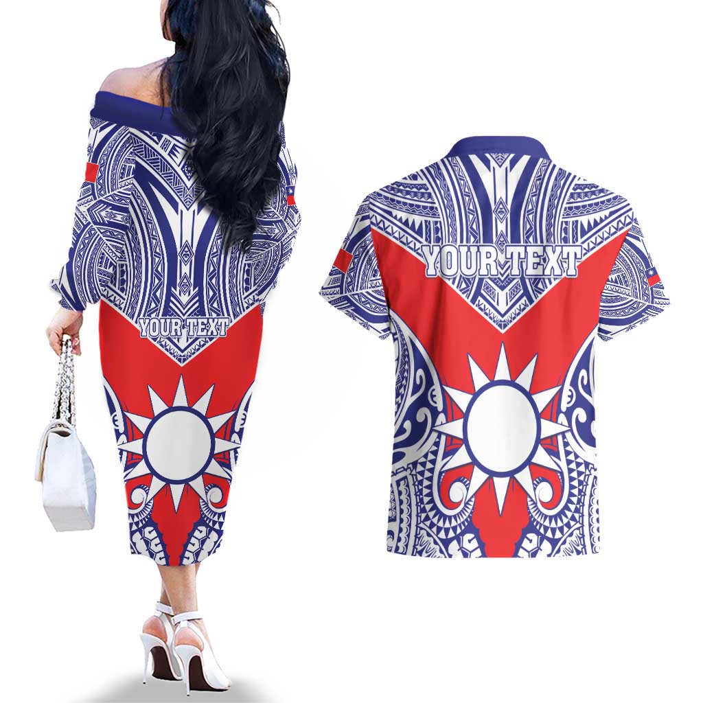 Personalised Taiwan Couples Matching Off The Shoulder Long Sleeve Dress and Hawaiian Shirt Austronesian Tribal Tattoo Red - Polynesian Pride