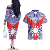 Personalised Taiwan Couples Matching Off The Shoulder Long Sleeve Dress and Hawaiian Shirt Austronesian Tribal Tattoo Red - Polynesian Pride
