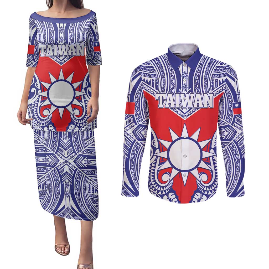 Personalised Taiwan Couples Matching Puletasi and Long Sleeve Button Shirt Austronesian Tribal Tattoo Red - Polynesian Pride