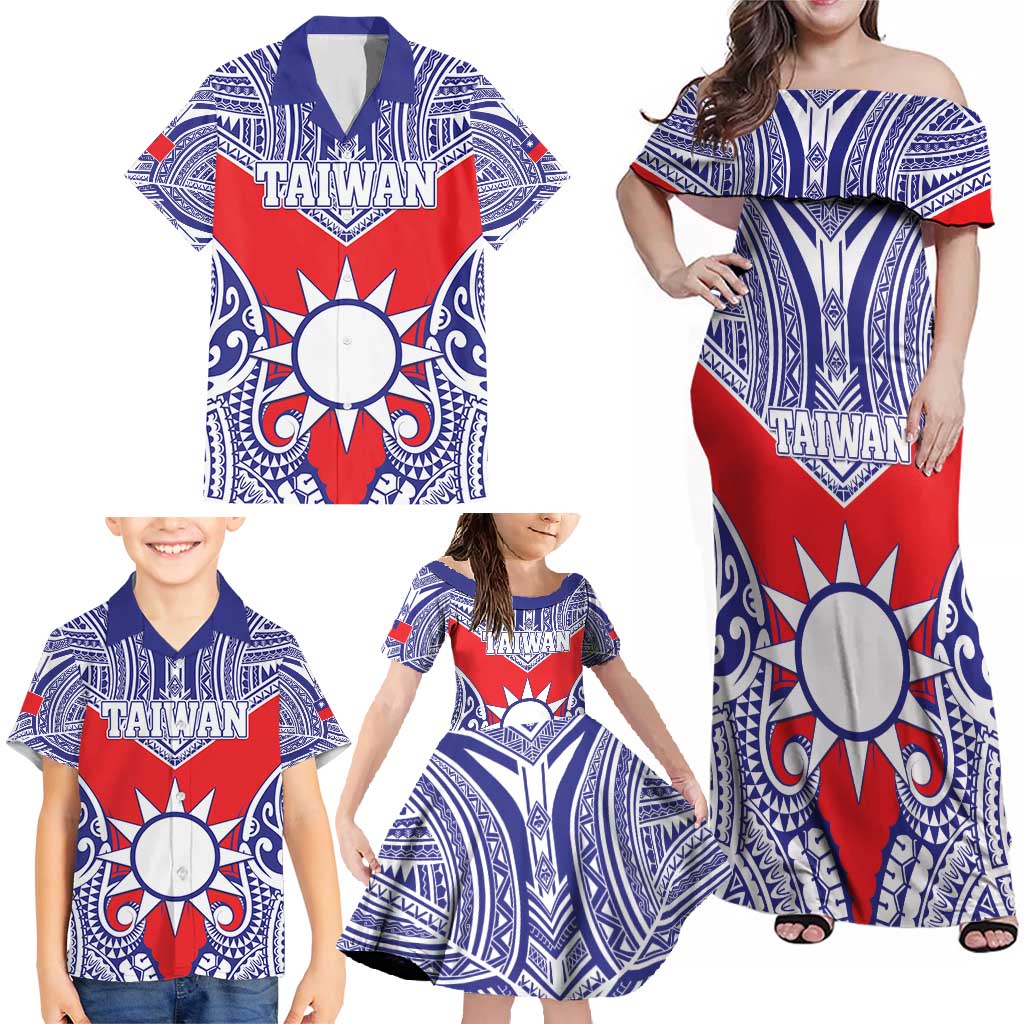 Personalised Taiwan Family Matching Off Shoulder Maxi Dress and Hawaiian Shirt Austronesian Tribal Tattoo Red - Polynesian Pride