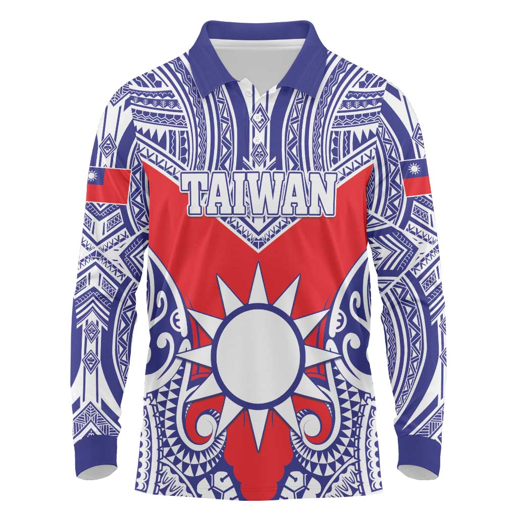 Personalised Taiwan Long Sleeve Polo Shirt Austronesian Tribal Tattoo Red - Polynesian Pride