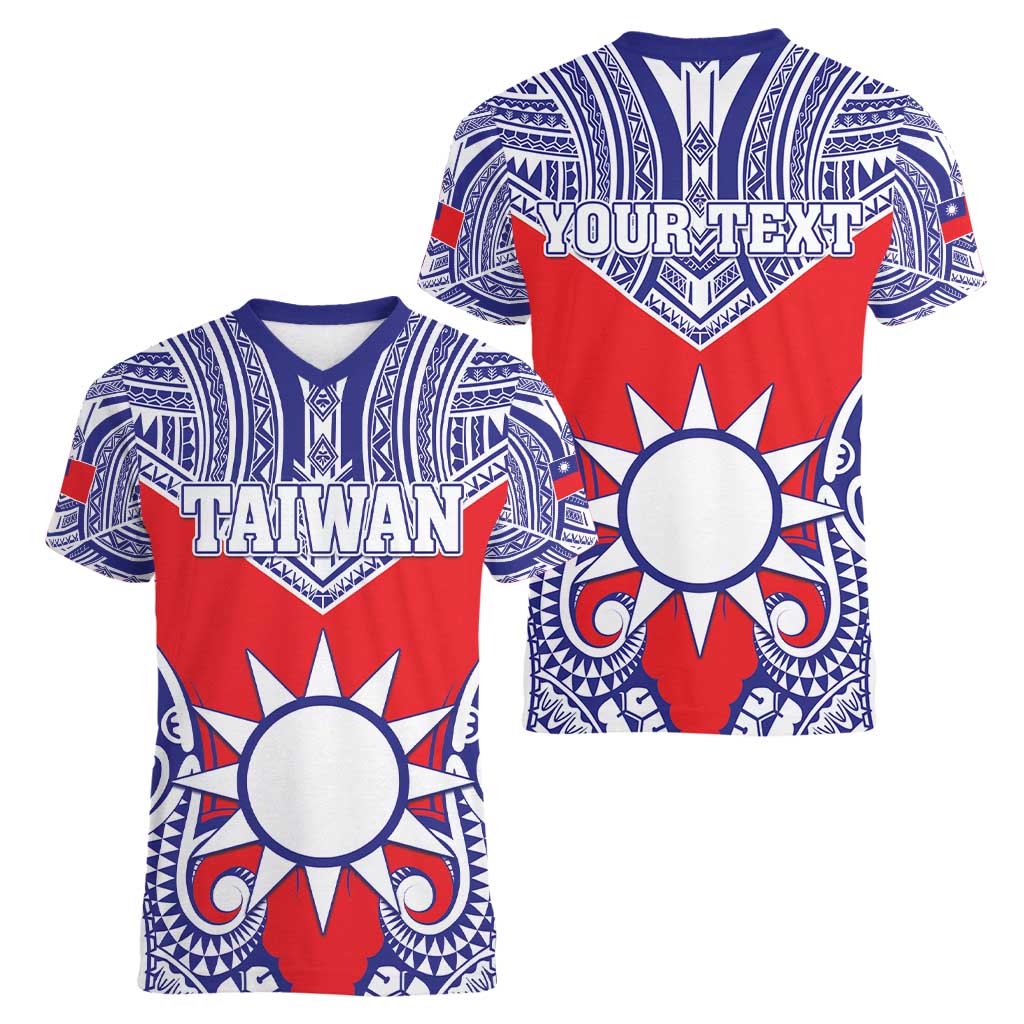 Personalised Taiwan Women V-Neck T-Shirt Austronesian Tribal Tattoo Red - Polynesian Pride
