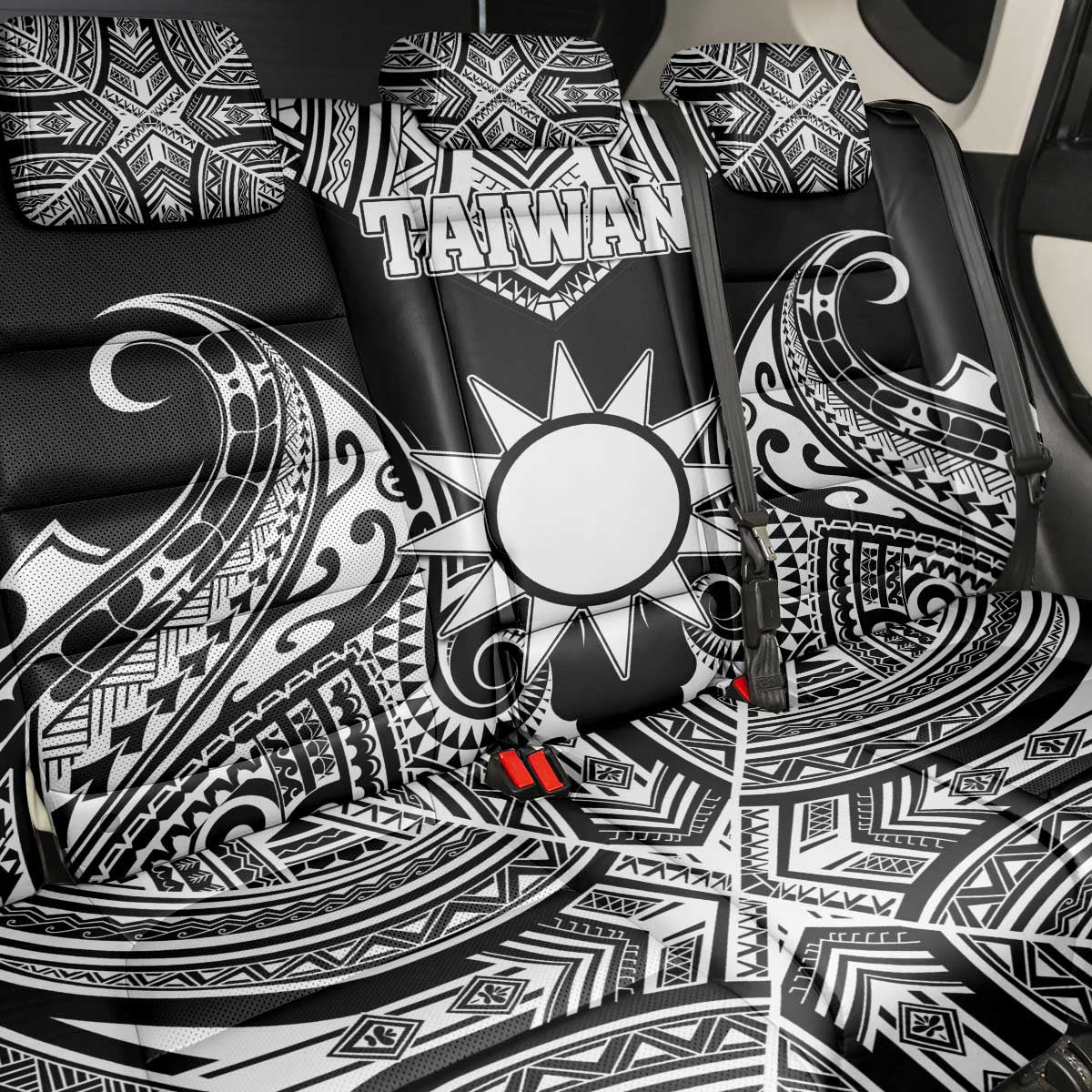 Taiwan Back Car Seat Cover Austronesian Tribal Tattoo Black - Polynesian Pride