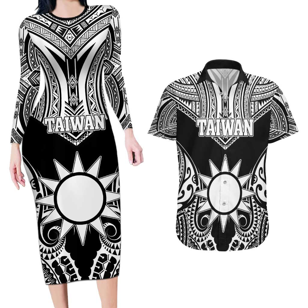 Personalised Taiwan Couples Matching Long Sleeve Bodycon Dress and Hawaiian Shirt Austronesian Tribal Tattoo Black - Polynesian Pride