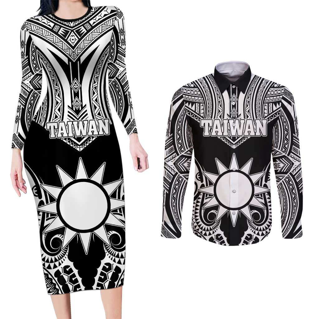Personalised Taiwan Couples Matching Long Sleeve Bodycon Dress and Long Sleeve Button Shirt Austronesian Tribal Tattoo Black - Polynesian Pride