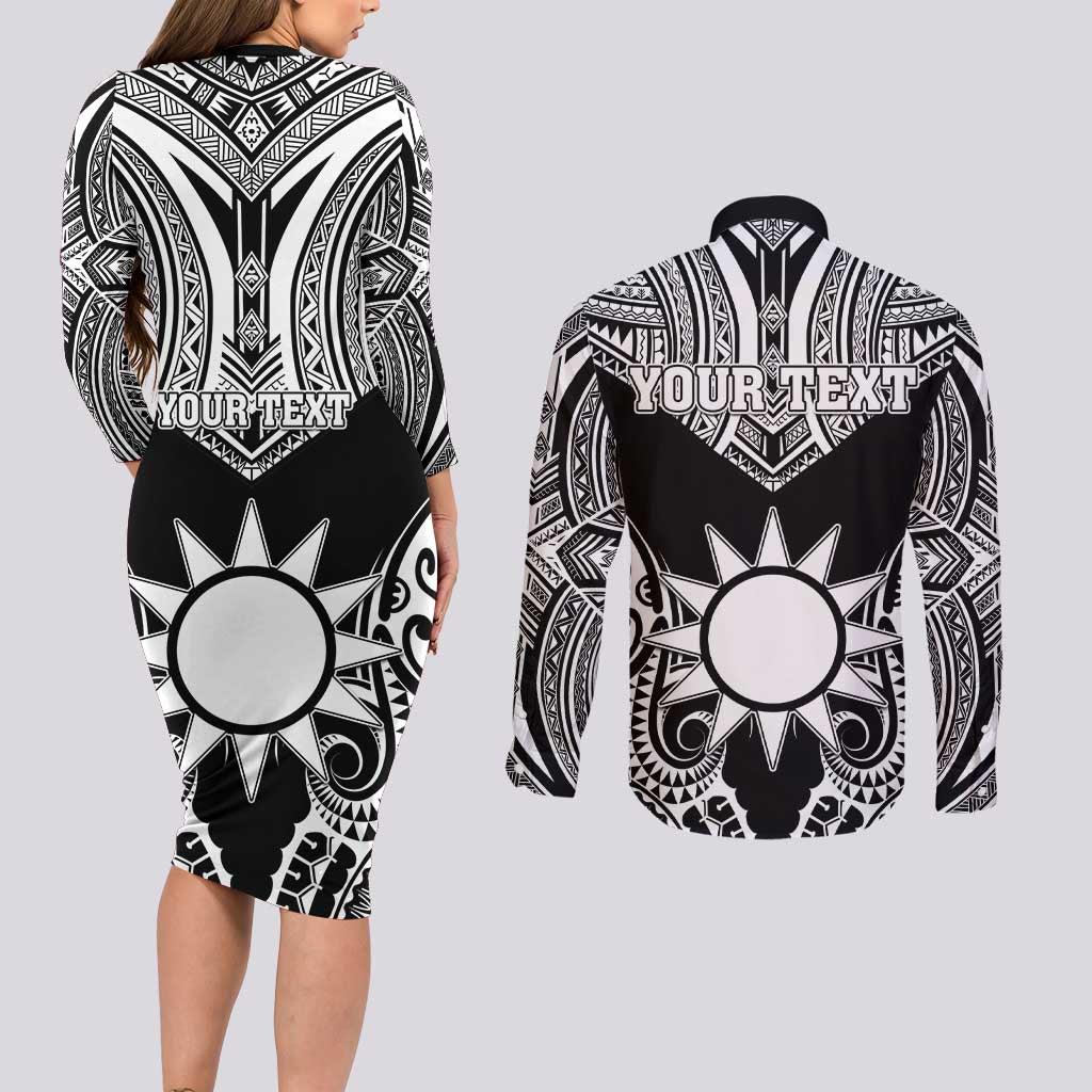 Personalised Taiwan Couples Matching Long Sleeve Bodycon Dress and Long Sleeve Button Shirt Austronesian Tribal Tattoo Black - Polynesian Pride