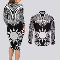 Personalised Taiwan Couples Matching Long Sleeve Bodycon Dress and Long Sleeve Button Shirt Austronesian Tribal Tattoo Black - Polynesian Pride