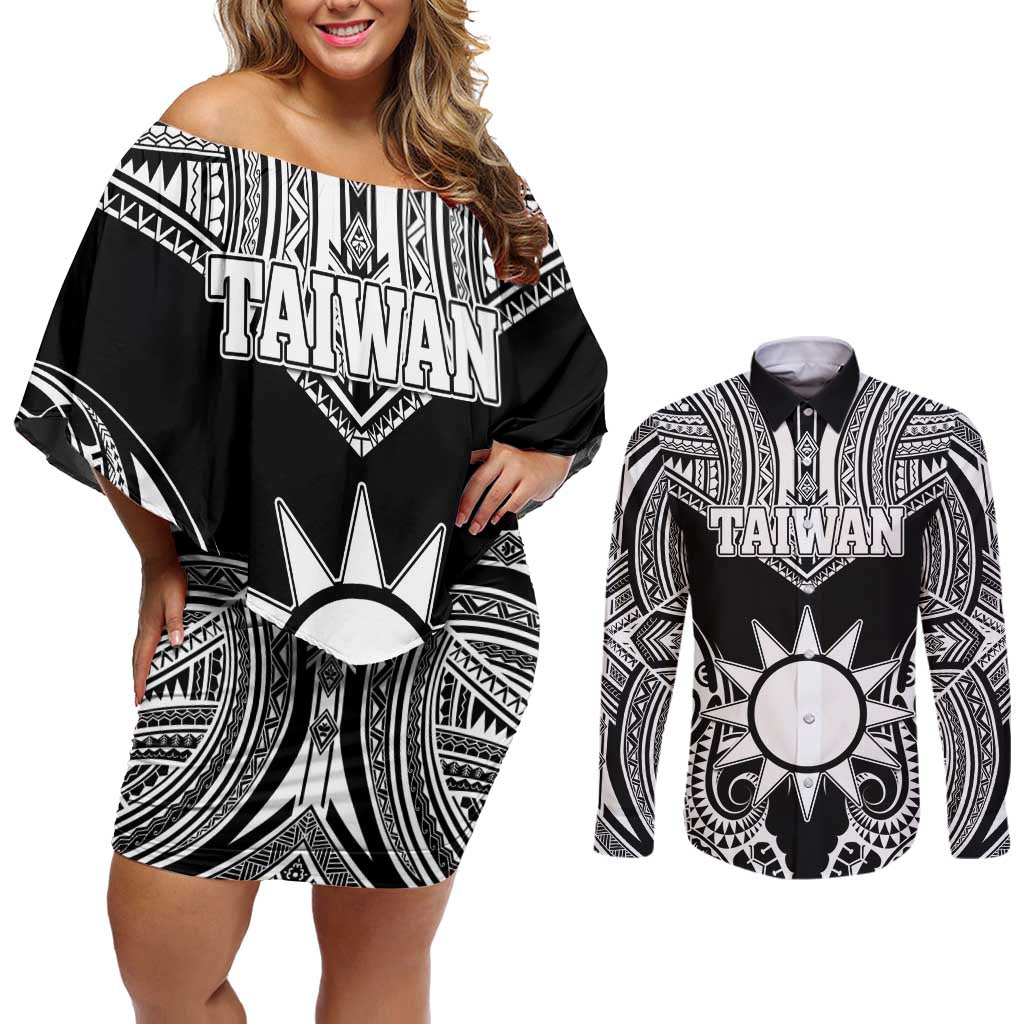 Personalised Taiwan Couples Matching Off Shoulder Short Dress and Long Sleeve Button Shirt Austronesian Tribal Tattoo Black - Polynesian Pride