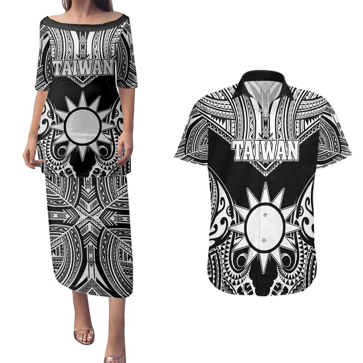 Personalised Taiwan Couples Matching Puletasi and Hawaiian Shirt Austronesian Tribal Tattoo Black - Polynesian Pride