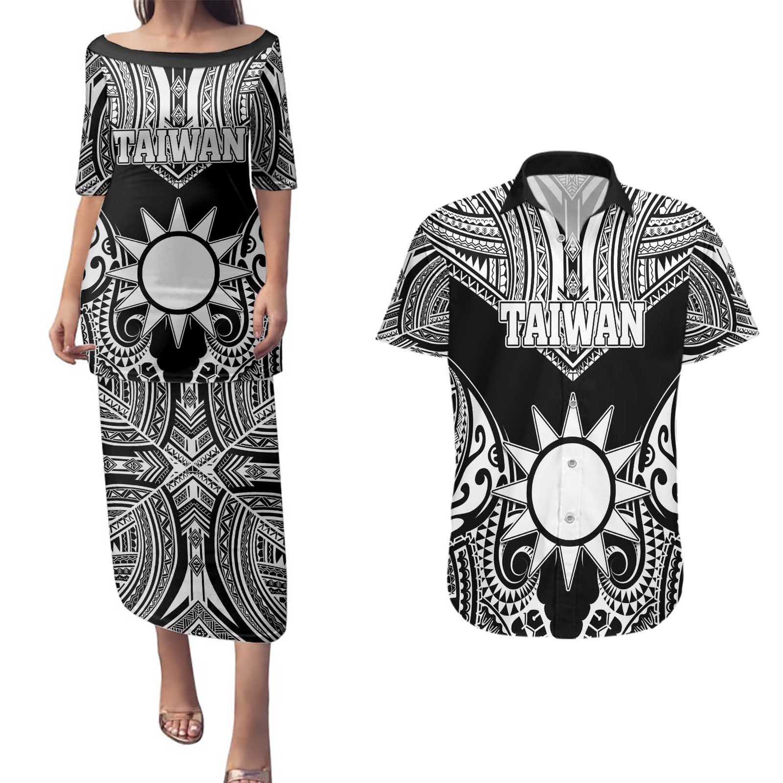Personalised Taiwan Couples Matching Puletasi and Hawaiian Shirt Austronesian Tribal Tattoo Black - Polynesian Pride