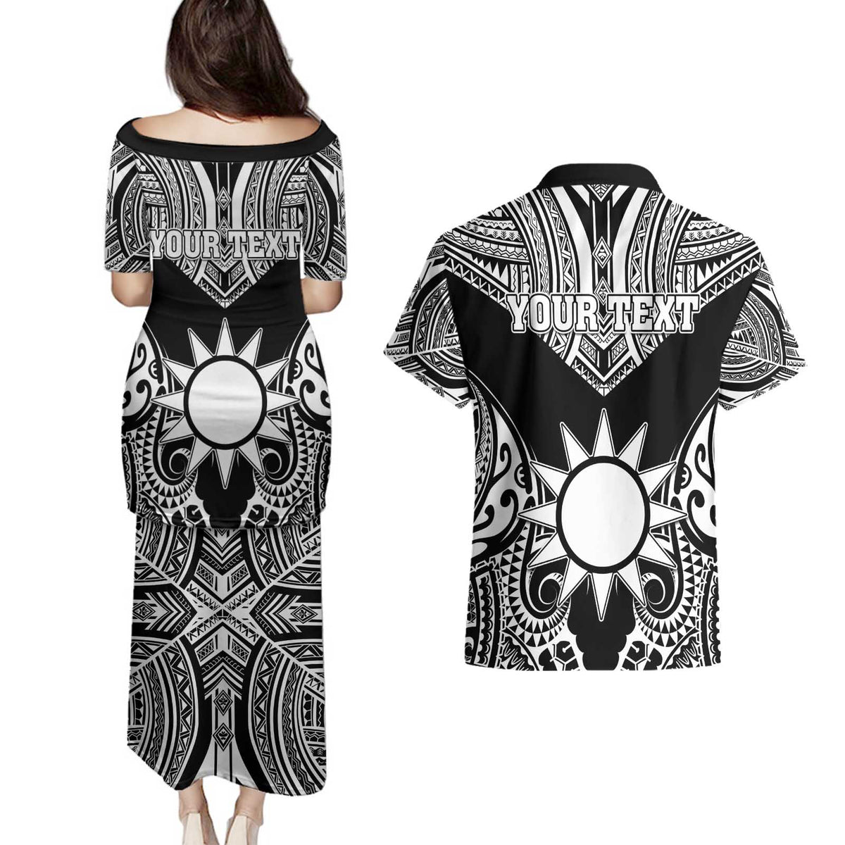 Personalised Taiwan Couples Matching Puletasi and Hawaiian Shirt Austronesian Tribal Tattoo Black - Polynesian Pride