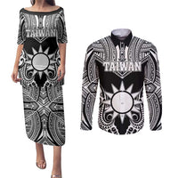 Personalised Taiwan Couples Matching Puletasi and Long Sleeve Button Shirt Austronesian Tribal Tattoo Black - Polynesian Pride