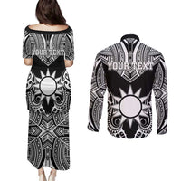 Personalised Taiwan Couples Matching Puletasi and Long Sleeve Button Shirt Austronesian Tribal Tattoo Black - Polynesian Pride