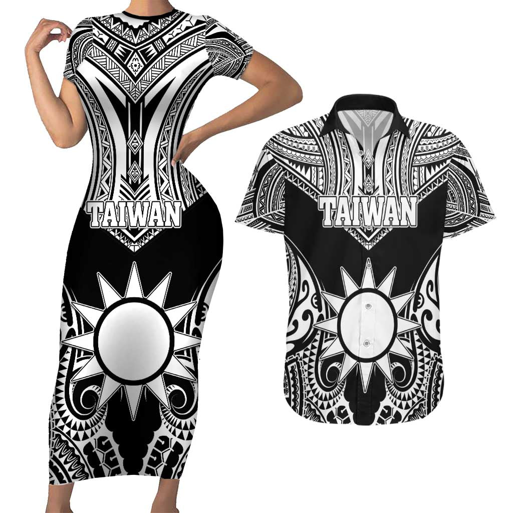 Personalised Taiwan Couples Matching Short Sleeve Bodycon Dress and Hawaiian Shirt Austronesian Tribal Tattoo Black - Polynesian Pride