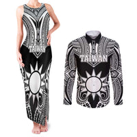 Personalised Taiwan Couples Matching Tank Maxi Dress and Long Sleeve Button Shirt Austronesian Tribal Tattoo Black - Polynesian Pride