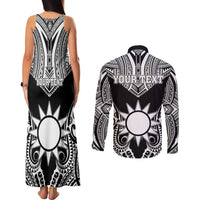 Personalised Taiwan Couples Matching Tank Maxi Dress and Long Sleeve Button Shirt Austronesian Tribal Tattoo Black - Polynesian Pride