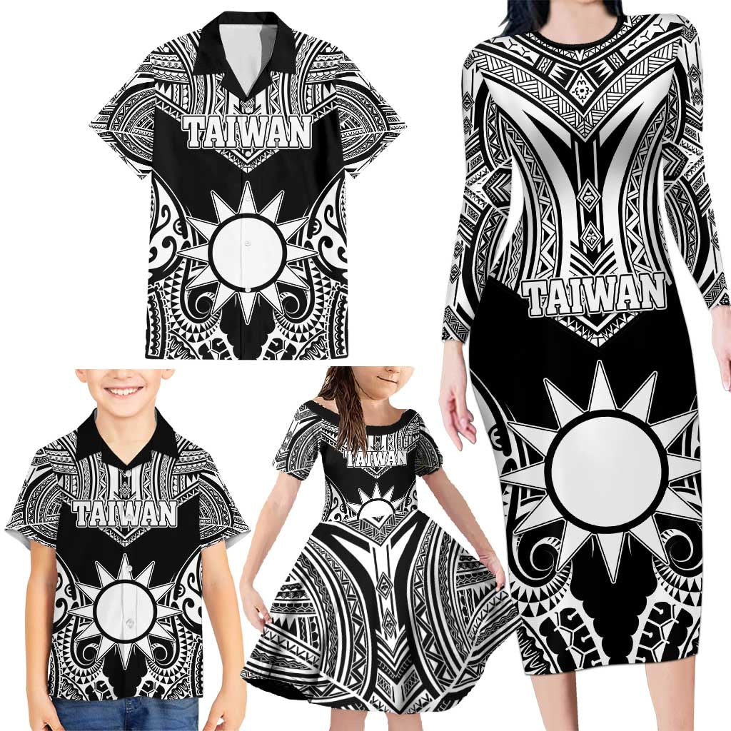 Personalised Taiwan Family Matching Long Sleeve Bodycon Dress and Hawaiian Shirt Austronesian Tribal Tattoo Black - Polynesian Pride