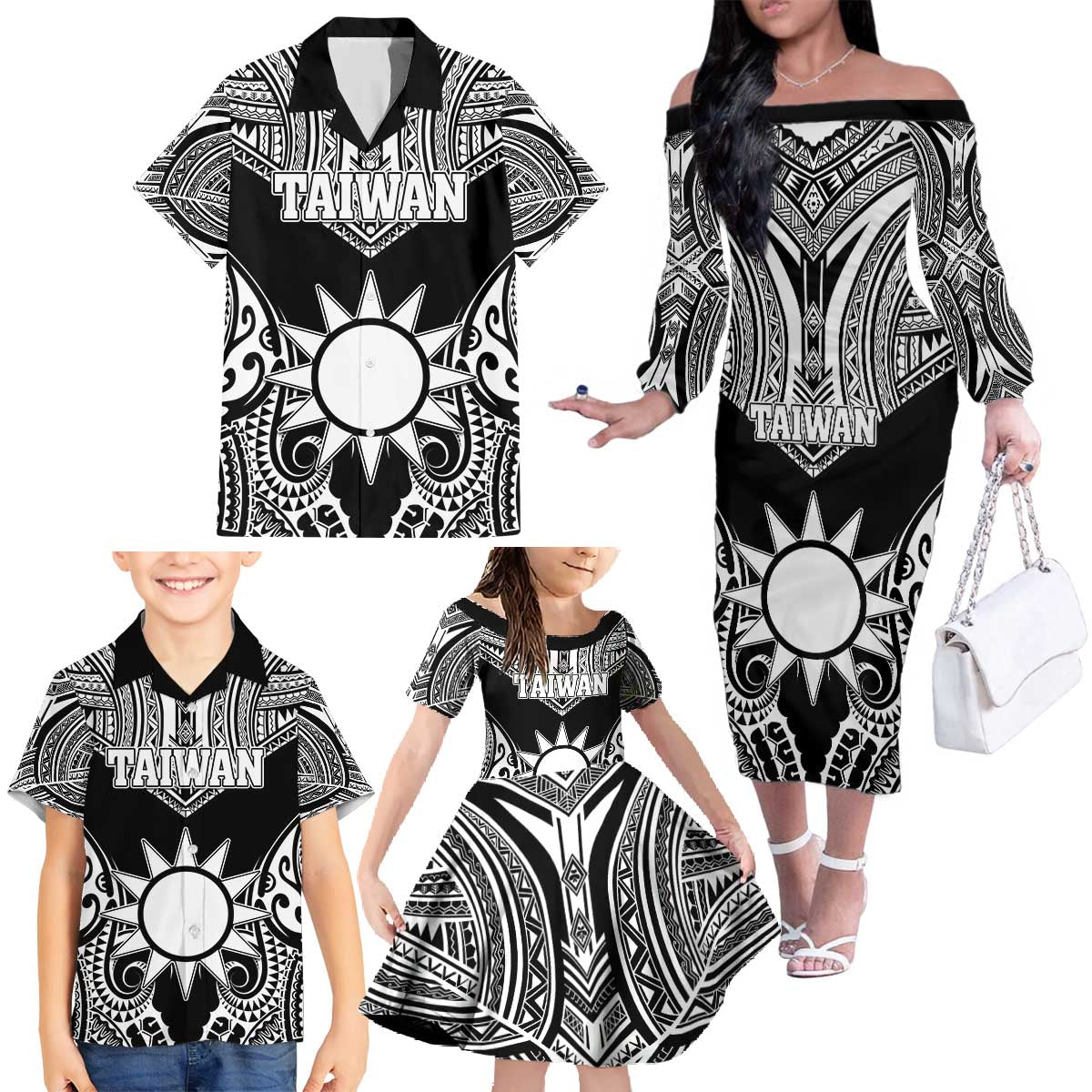 Personalised Taiwan Family Matching Off The Shoulder Long Sleeve Dress and Hawaiian Shirt Austronesian Tribal Tattoo Black - Polynesian Pride