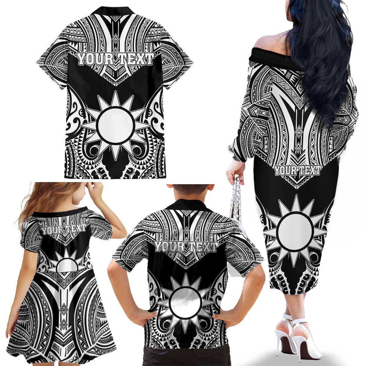 Personalised Taiwan Family Matching Off The Shoulder Long Sleeve Dress and Hawaiian Shirt Austronesian Tribal Tattoo Black - Polynesian Pride
