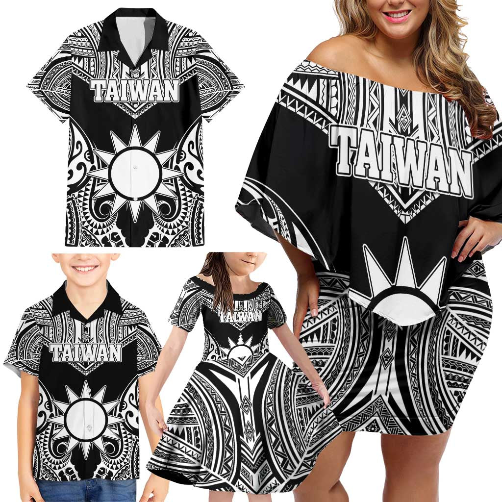 Personalised Taiwan Family Matching Off Shoulder Short Dress and Hawaiian Shirt Austronesian Tribal Tattoo Black - Polynesian Pride