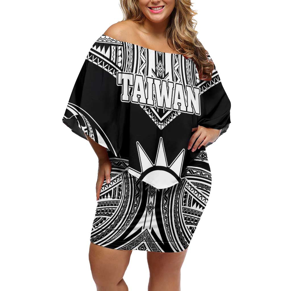 Personalised Taiwan Family Matching Off Shoulder Short Dress and Hawaiian Shirt Austronesian Tribal Tattoo Black - Polynesian Pride