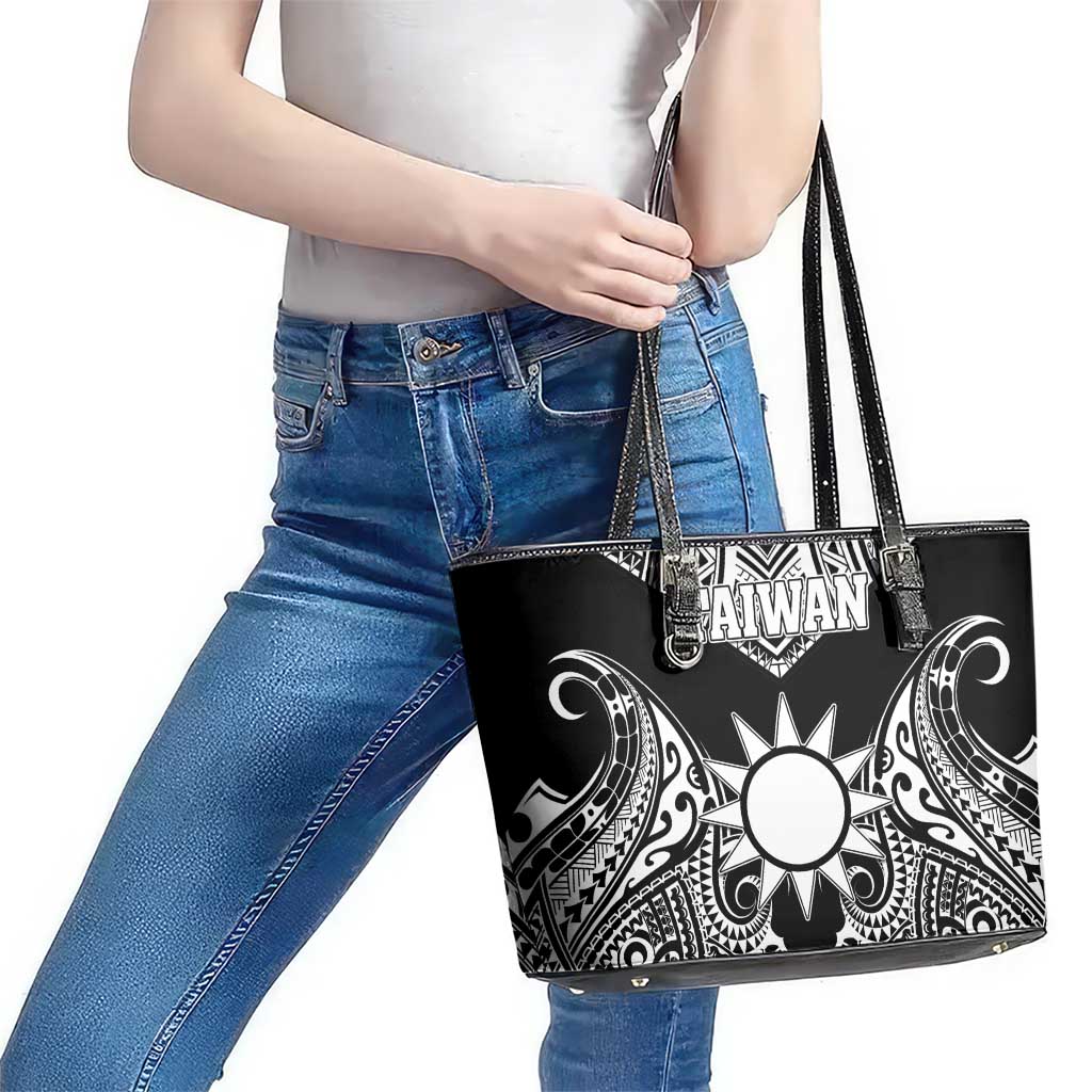 Taiwan Leather Tote Bag Austronesian Tribal Tattoo Black - Polynesian Pride