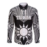 Personalised Taiwan Long Sleeve Button Shirt Austronesian Tribal Tattoo Black - Polynesian Pride