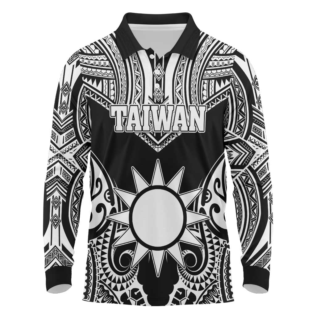 Personalised Taiwan Long Sleeve Polo Shirt Austronesian Tribal Tattoo Black - Polynesian Pride