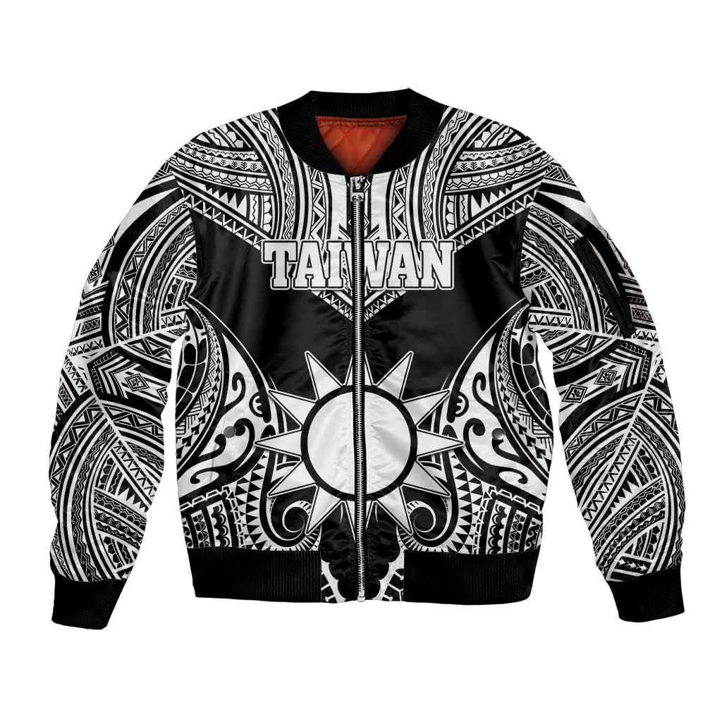 Personalised Taiwan Sleeve Zip Bomber Jacket Austronesian Tribal Tattoo Black - Polynesian Pride
