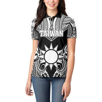Personalised Taiwan Women Polo Shirt Austronesian Tribal Tattoo Black - Polynesian Pride