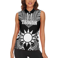 Personalised Taiwan Women Sleeveless Polo Shirt Austronesian Tribal Tattoo Black - Polynesian Pride