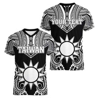Personalised Taiwan Women V-Neck T-Shirt Austronesian Tribal Tattoo Black - Polynesian Pride