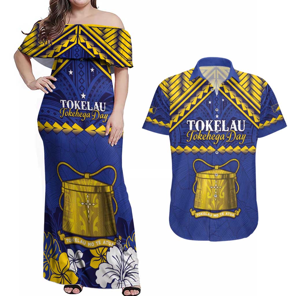 Personalised Tokelau Happy Tokehega Day Couples Matching Off Shoulder Maxi Dress and Hawaiian Shirt Polynesian Tribal Tattoo